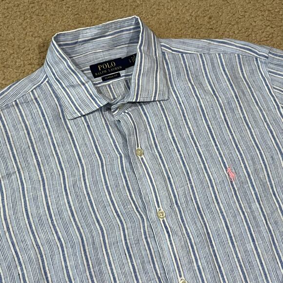 Polo Ralph Lauren Mens Linen Long Sleeve Blue Striped Button Up Shirt Size Large - Picture 2 of 6